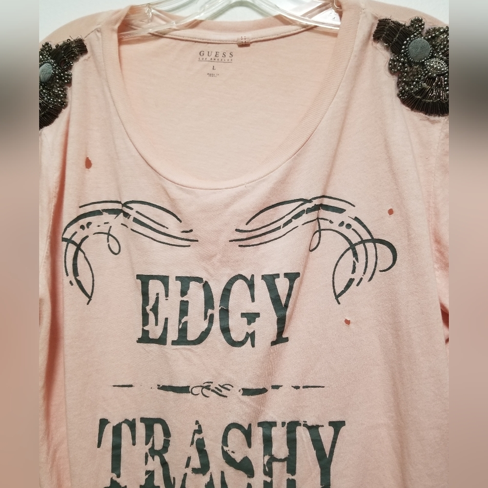 New Guess Pink Beaded Rock T-shirt Distressed Graphic Edgy Trashy & Cute Large - Picture 3 of 10